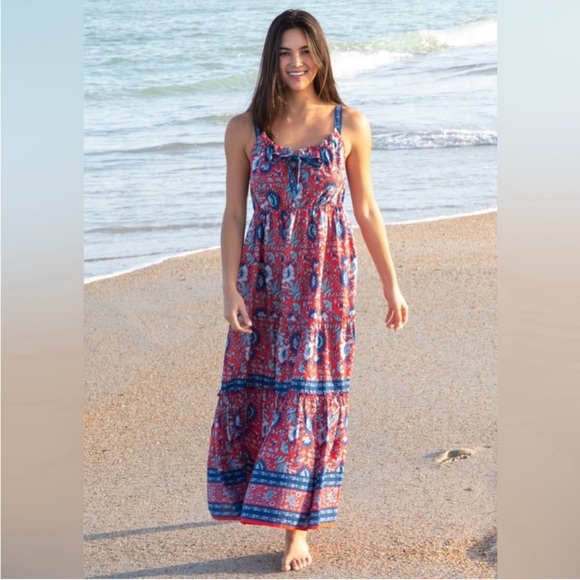 NATURAL LIFE Dresses & Skirts - Natural Life Isabella Boho Red Blue Floral Tiered Flowing Cotton Maxi Dress• M